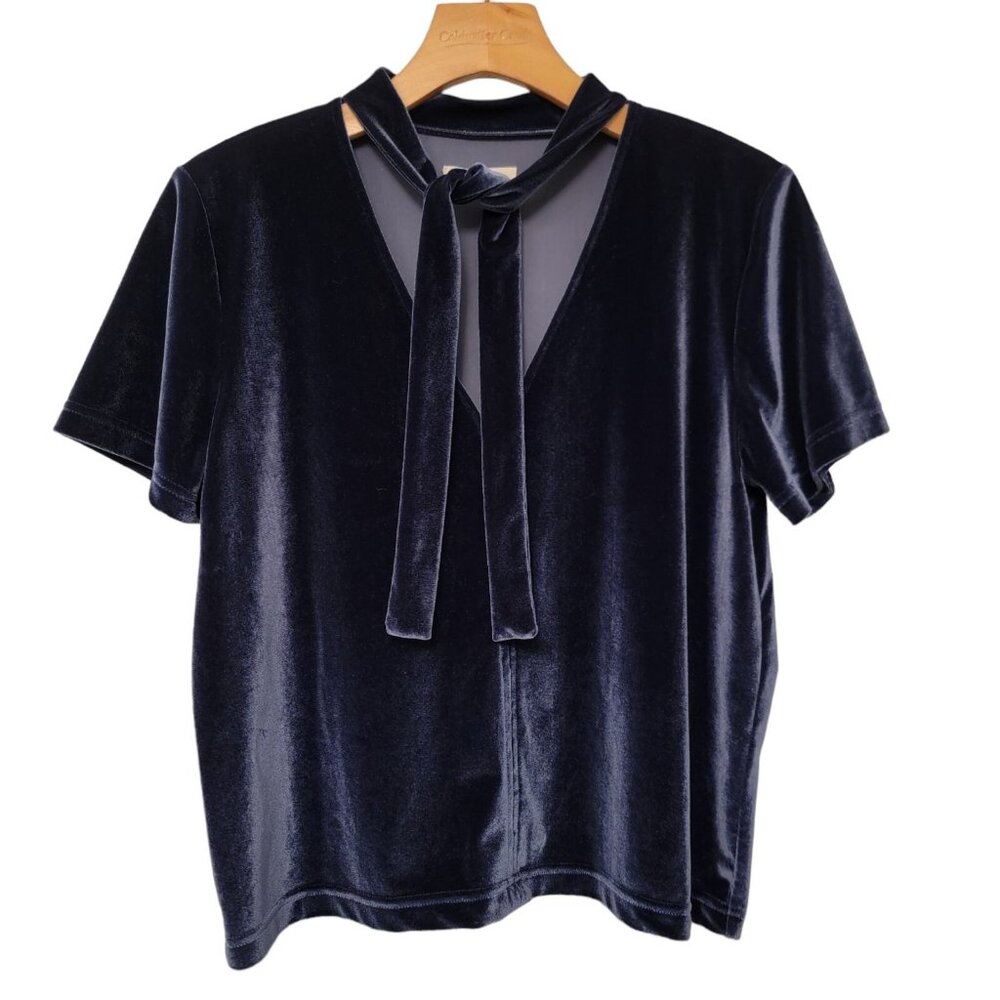 Madewell Top‎ Blouse Velvet Tie Neck Top Blue Womens Size Medium